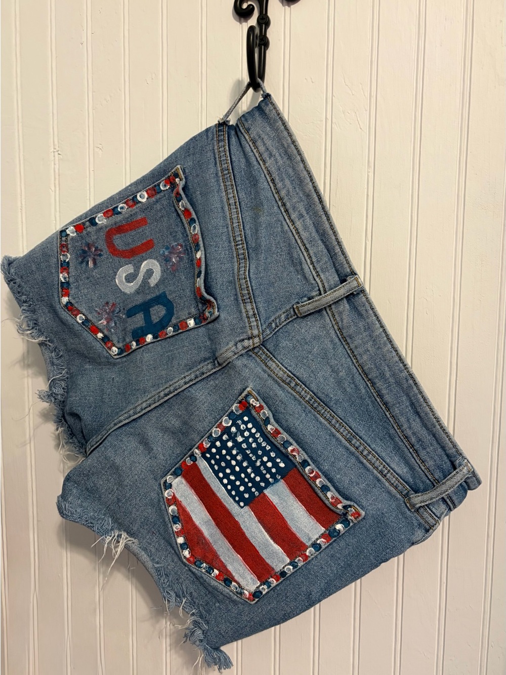 Patriotic Painted Distressed Jean Shorts American Flag USA Old Navy Women